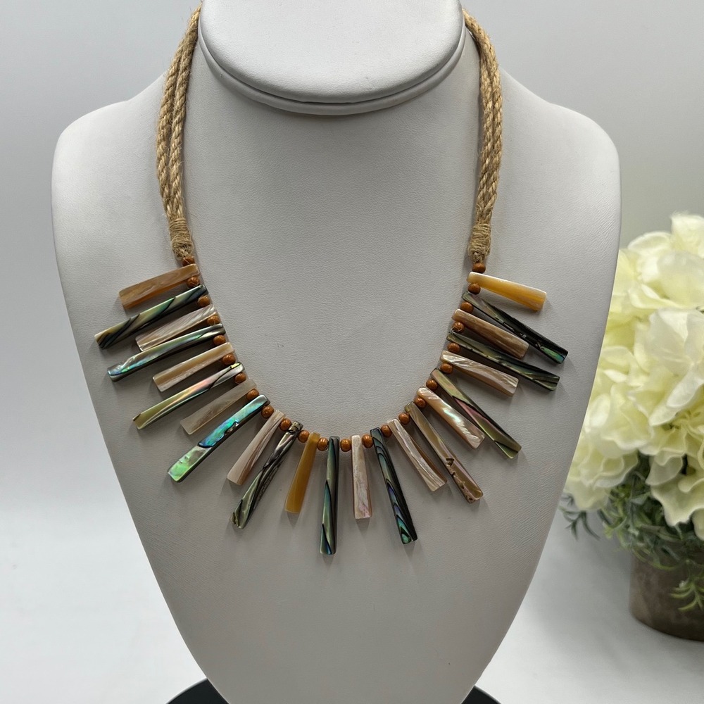 Handmade Abalone‎ Shell Stick Fan Braided Jute Cord iridescent
Button Closure